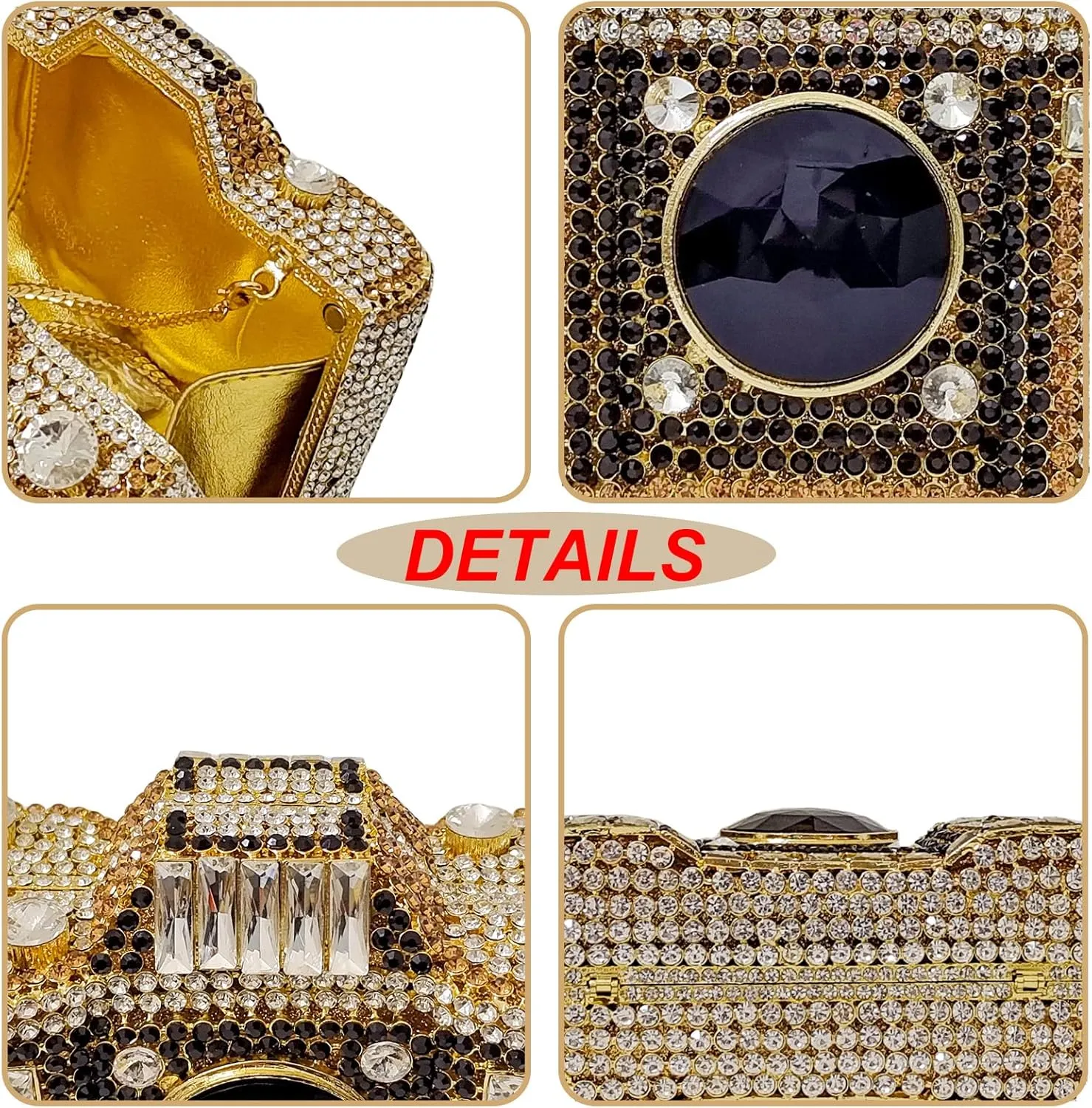 HUANG ZHUANG Cute Camera Shape Crystal Clutch Purse Mini Rhinestone Evening Bag Wedding Handbag Party Women Purse