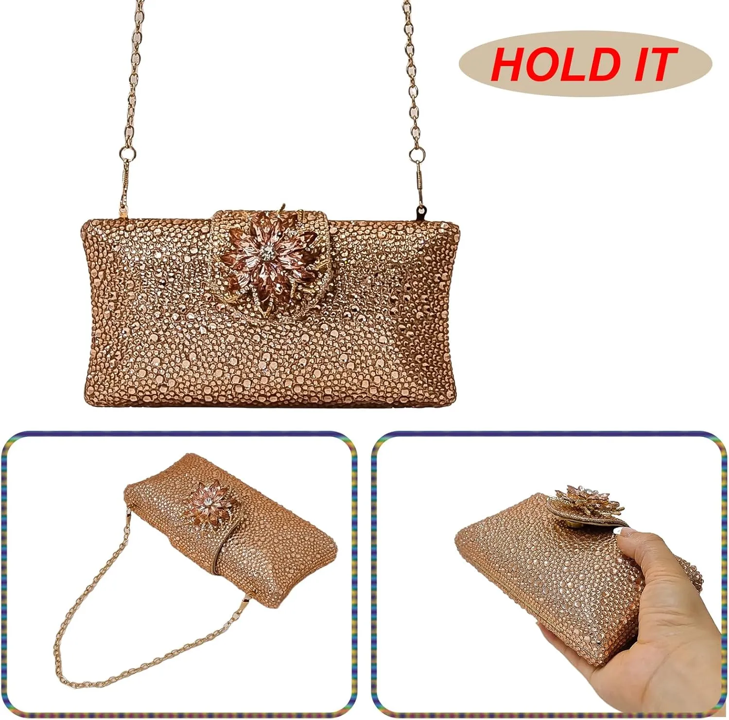 HUANG ZHUANG Elegant Flower Clutch Solid Rhinestone Handbags For Women Evening Bag Party Purse Bridal Prom Bag