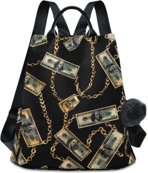 Hundred Dollar Golden Chains Backpack for Women Anti Theft Large Fashion Travel Shoulder Bag Purse Rucksack Lightweight