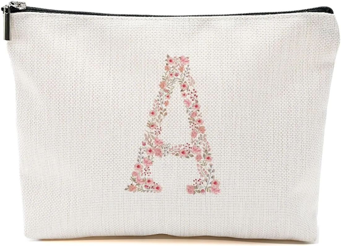 Initial Makeup Bag Floral A Personalized Cosmetic Bag Monogrammed Gifts for Women Girls Bride Bridesmaid Monogram Zipper Pouch for Teacher Appreciation Mothers Day Birthday Wedding Bridal Shower Gifts