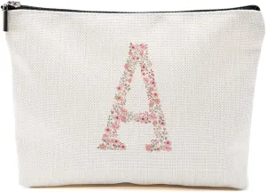 Initial Makeup Bag Floral A Personalized Cosmetic Bag Monogrammed Gifts for Women Girls Bride Bridesmaid Monogram Zipper Pouch for Teacher Appreciation Mothers Day Birthday Wedding Bridal Shower Gifts