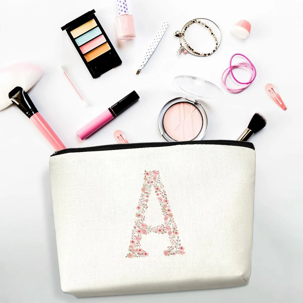 Initial Makeup Bag Floral A Personalized Cosmetic Bag Monogrammed Gifts for Women Girls Bride Bridesmaid Monogram Zipper Pouch for Teacher Appreciation Mothers Day Birthday Wedding Bridal Shower Gifts