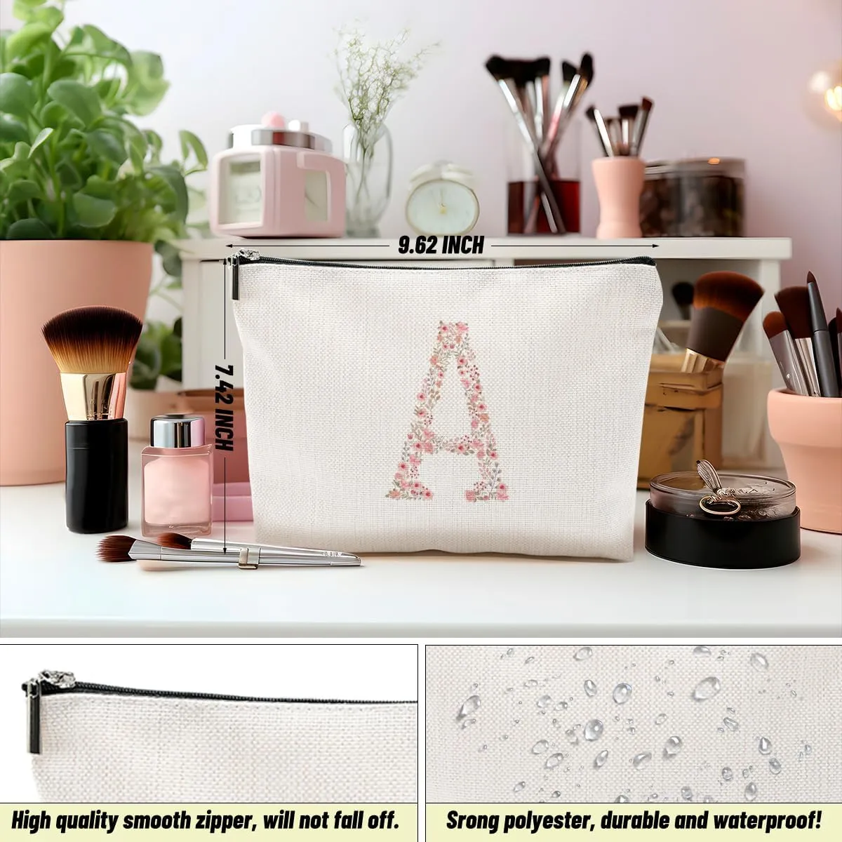 Initial Makeup Bag Floral A Personalized Cosmetic Bag Monogrammed Gifts for Women Girls Bride Bridesmaid Monogram Zipper Pouch for Teacher Appreciation Mothers Day Birthday Wedding Bridal Shower Gifts