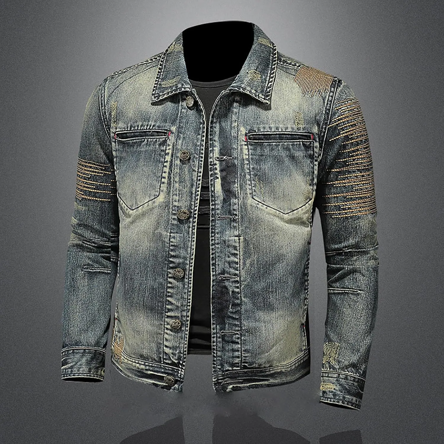 Jean Jacket for Men Slim Fit Vintage Washed Denim Jacket Coat Long Sleeve Teen Boys Hip Hop Rock Motorcycle Jackets
