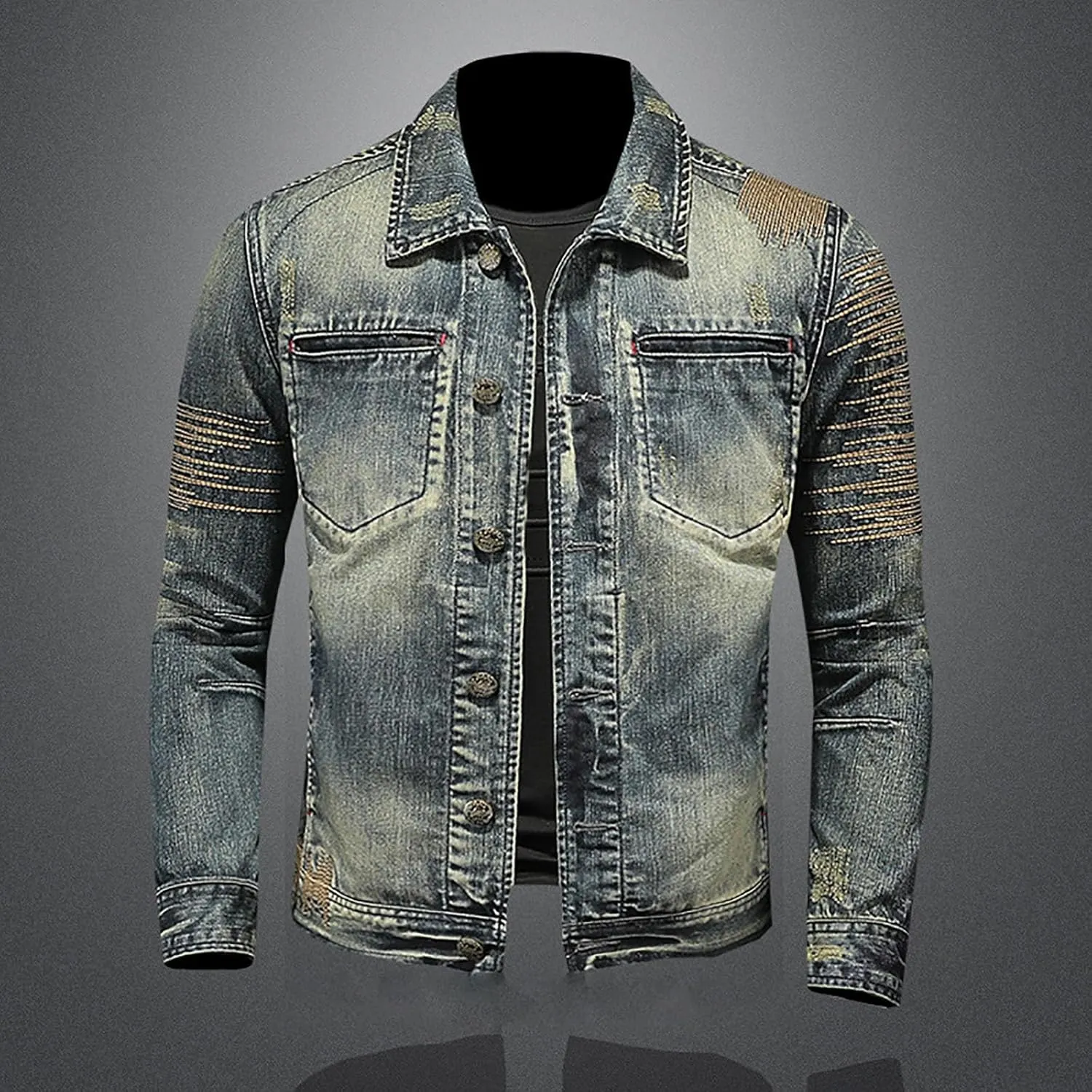 Jean Jacket for Men Slim Fit Vintage Washed Denim Jacket Coat Long Sleeve Teen Boys Hip Hop Rock Motorcycle Jackets