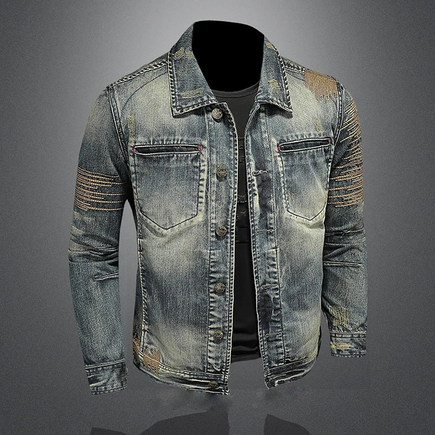 Jean Jacket for Men Slim Fit Vintage Washed Denim Jacket Coat Long Sleeve Teen Boys Hip Hop Rock Motorcycle Jackets