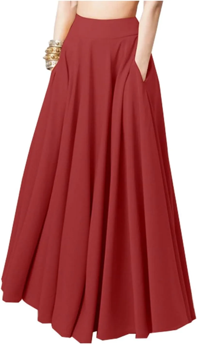 JITEM Women's Solid Color Pleated Long Skirt Plus Size Elastic High Waisted A-Line Swing Skirt Flowy Maxi Skirt w/Pockets