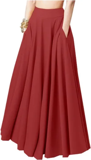 JITEM Women's Solid Color Pleated Long Skirt Plus Size Elastic High Waisted A-Line Swing Skirt Flowy Maxi Skirt w/Pockets