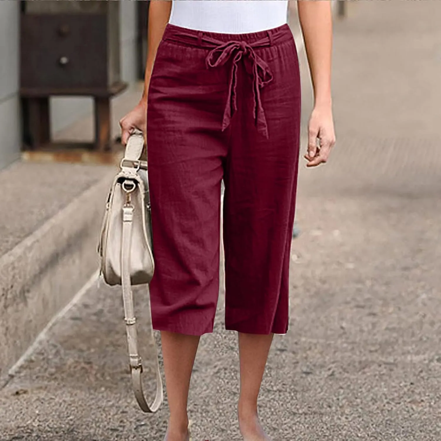 jovati Capri Pants for Women Casual 2023 Summer Drawstring Elastic High Waist Linen Pant Straight Wide Leg Cropped Trouser
