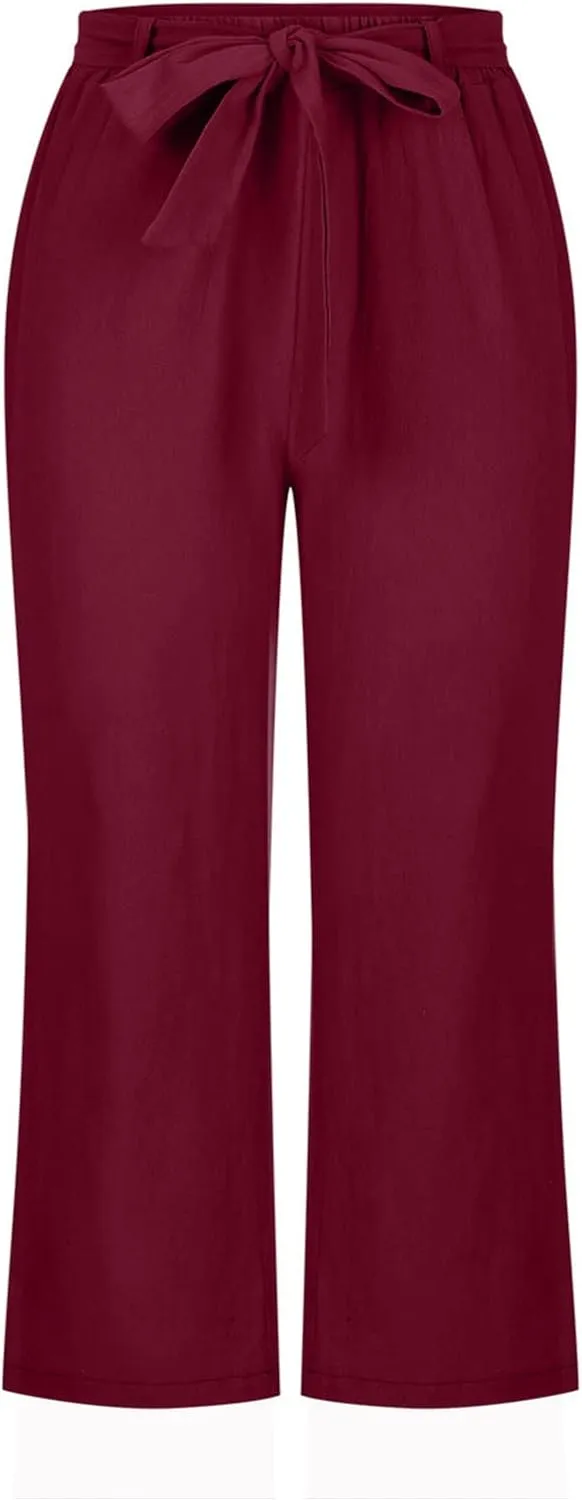 jovati Capri Pants for Women Casual 2023 Summer Drawstring Elastic High Waist Linen Pant Straight Wide Leg Cropped Trouser