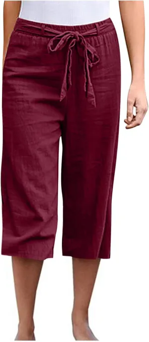 jovati Capri Pants for Women Casual 2023 Summer Drawstring Elastic High Waist Linen Pant Straight Wide Leg Cropped Trouser
