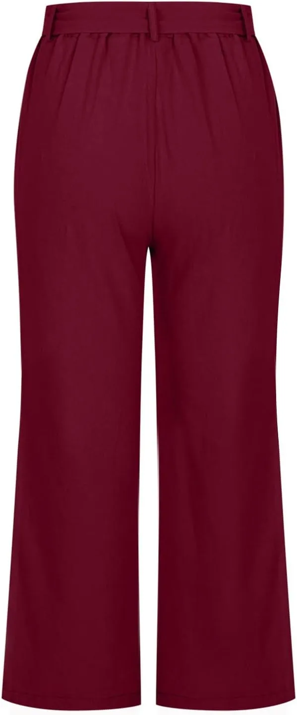 jovati Capri Pants for Women Casual 2023 Summer Drawstring Elastic High Waist Linen Pant Straight Wide Leg Cropped Trouser