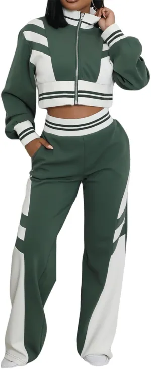 KANSOON Sweat Sets for Women 2 Piece Color Contrast Track Suits Zip Down Cropped Jackets Sweatpants Outfit Green XXL