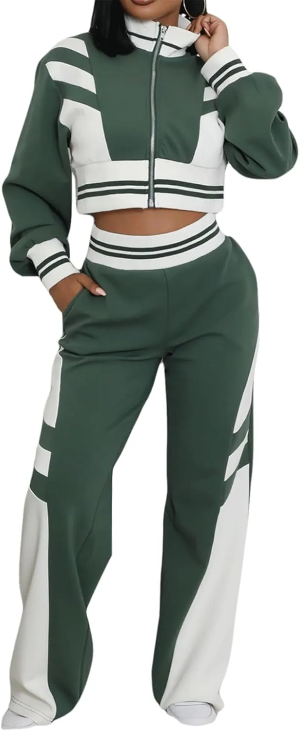 KANSOON Sweat Sets for Women 2 Piece Color Contrast Track Suits Zip Down Cropped Jackets Sweatpants Outfit Green XXL
