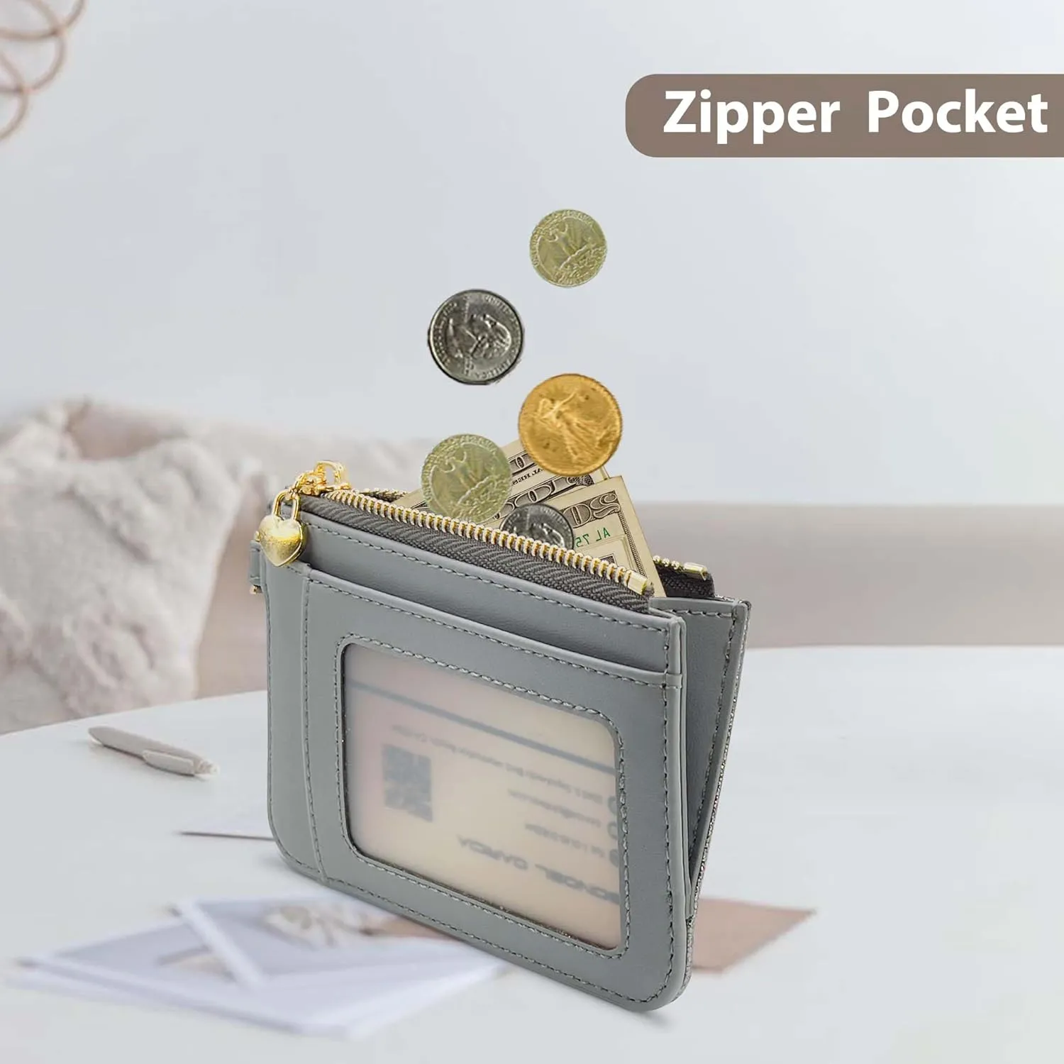 Keychain wallet, Rfid Blocking Credit Card Holder Leather, Zipper Card Case for Women