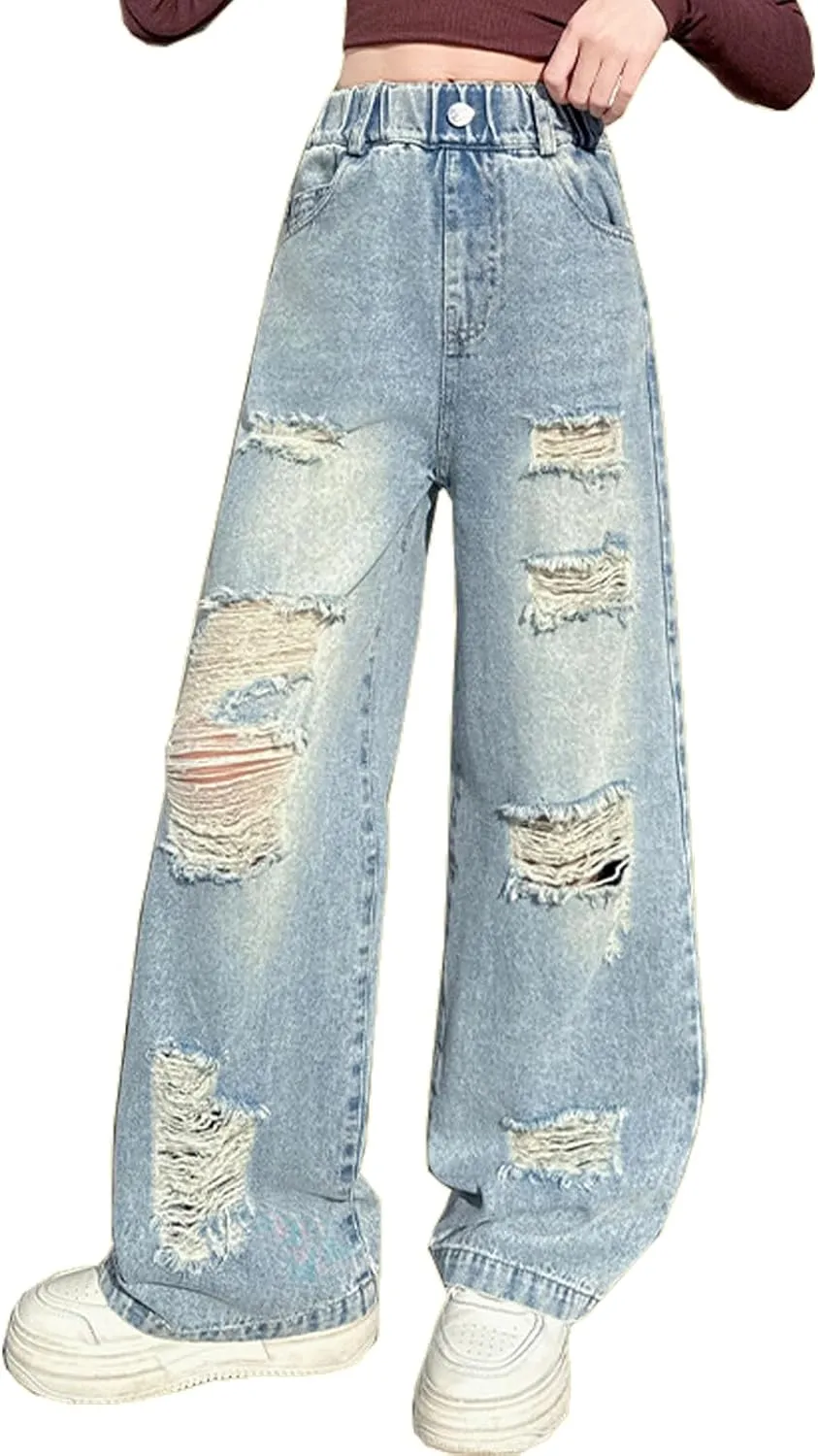 Kids Girls Ripped Distressed Washed Baggy Wide Leg Casual Jeans Size 5-14 yrs