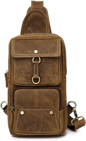 KPYWZER Sling Bag Men Women Vintage Full Grain Genuine Leather Shoulder Backpack Satchel Chest Casual Daypack Crossbody Outdoor Day Pack Backpacks Brown
