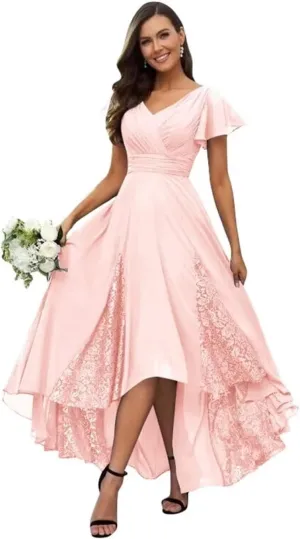 Lace Appliques Mother of The Bride Dresses for Wedding Tea Length High Low Bridesmaid Dresses with Sleeves