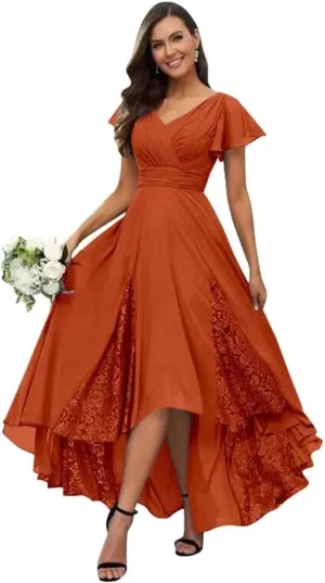 Lace Appliques Mother of The Bride Dresses for Wedding Tea Length High Low Bridesmaid Dresses with Sleeves