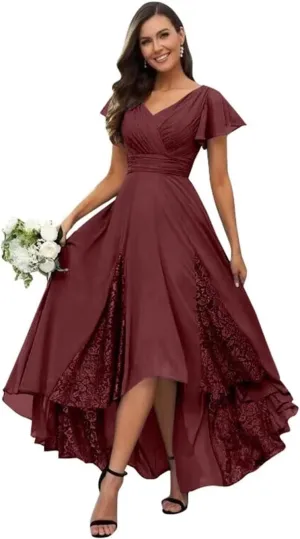 Lace Appliques Mother of The Bride Dresses for Wedding Tea Length High Low Bridesmaid Dresses with Sleeves