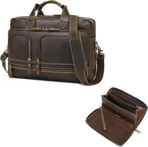 LANNSYNE Leather Briefcases for Men, 17" Leather Laptop Bag And Leather Family Travel Passport Wallet