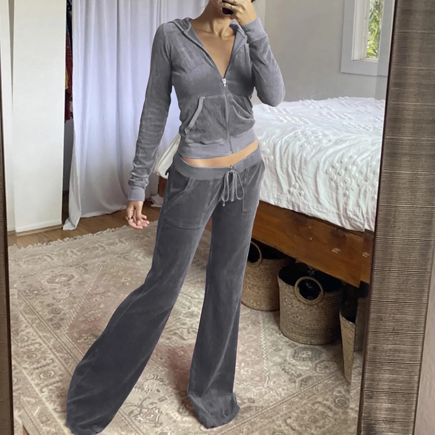 Lastesso Sweatsuit Set for Women Velour Tracksuit Solid Slim Fit Jackets with Wid Leg Trousers Trendy Y2K Lounge 2 Piece Sets