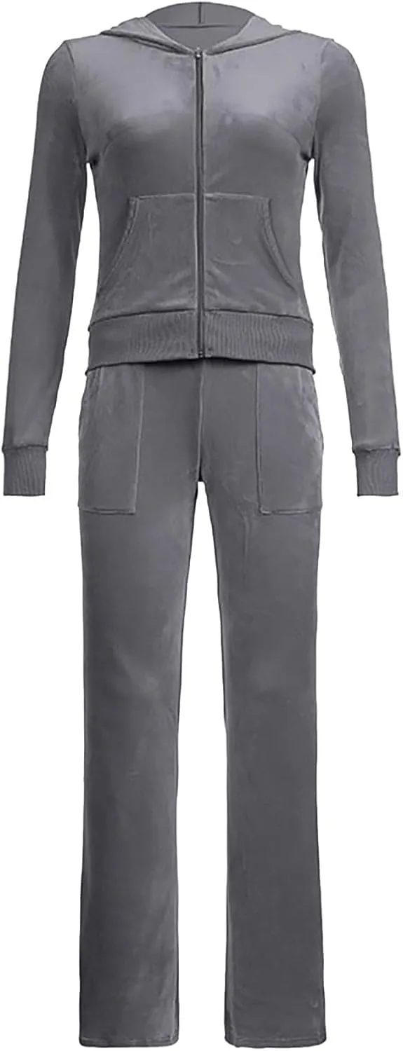Lastesso Sweatsuit Set for Women Velour Tracksuit Solid Slim Fit Jackets with Wid Leg Trousers Trendy Y2K Lounge 2 Piece Sets