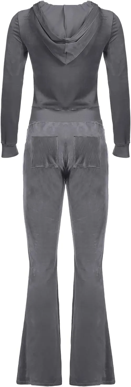 Lastesso Sweatsuit Set for Women Velour Tracksuit Solid Slim Fit Jackets with Wid Leg Trousers Trendy Y2K Lounge 2 Piece Sets