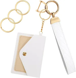 Leather Wristlet Keychain, White Keychain Wristlet with Wallet Decoration and 3 Key Ring Mini Wallet Keychain Women Anti-Lost D Ring Car Key Chain Wallet Wristlet Cute Car Keychain for Women