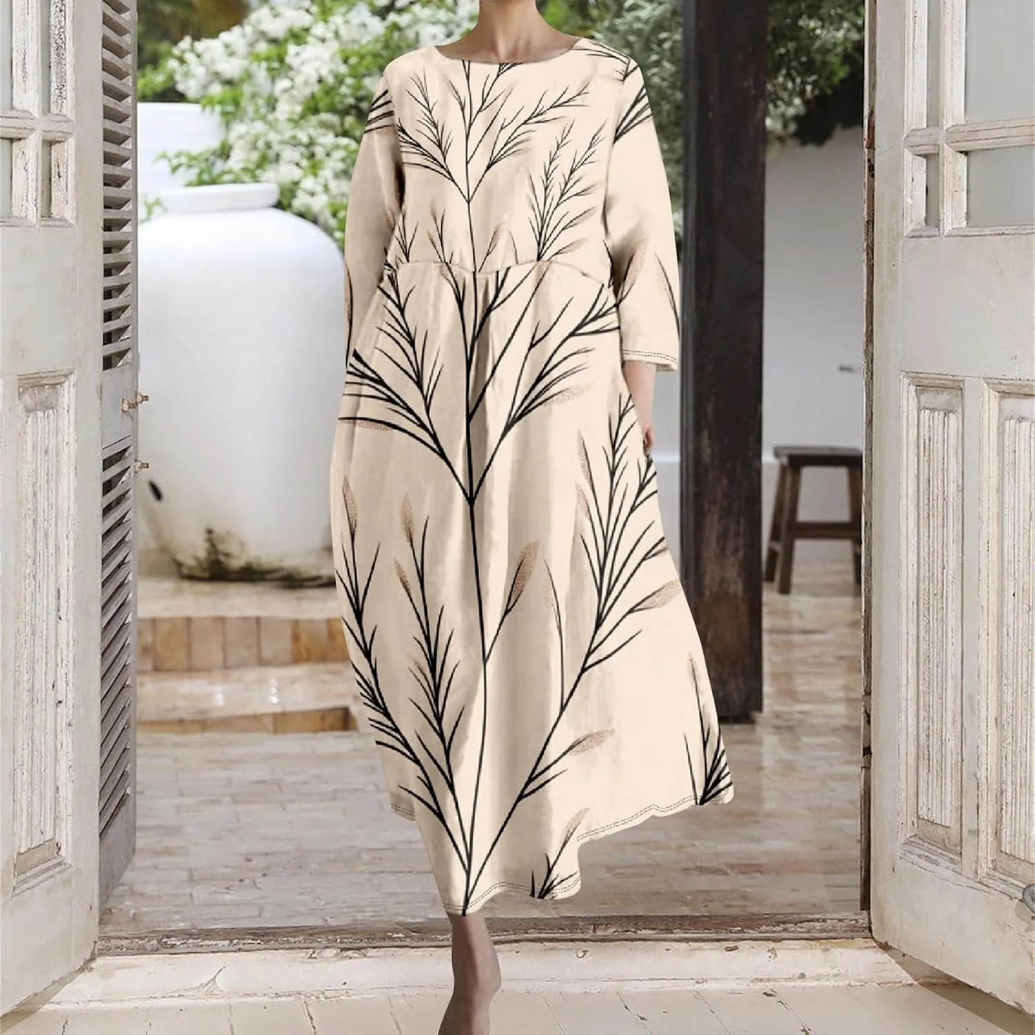 Linen Maxi Dress for Women Vintage Floral Print Plus Size Summer Casual 3/4 Sleeve Dresses with Pockets