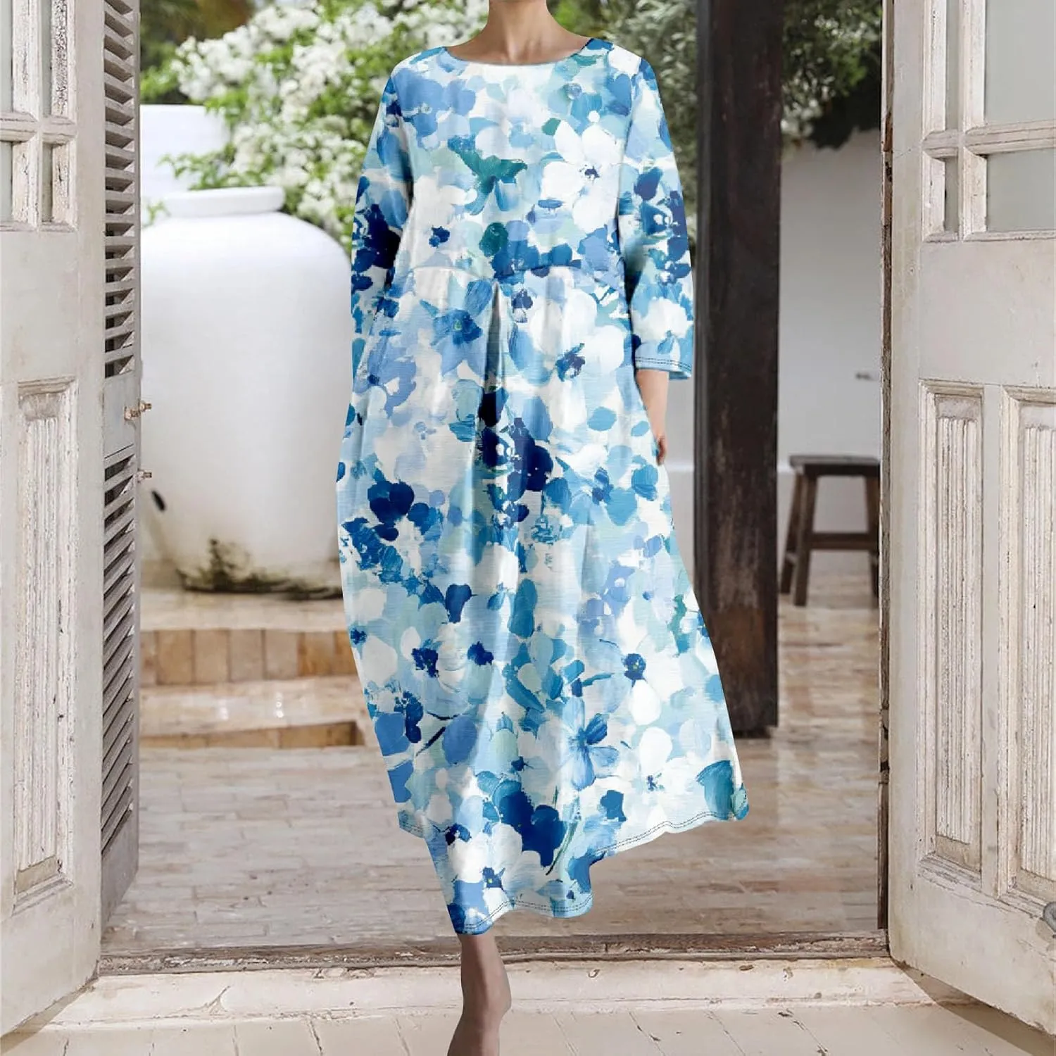 Linen Maxi Dress for Women Vintage Floral Print Plus Size Summer Casual 3/4 Sleeve Dresses with Pockets
