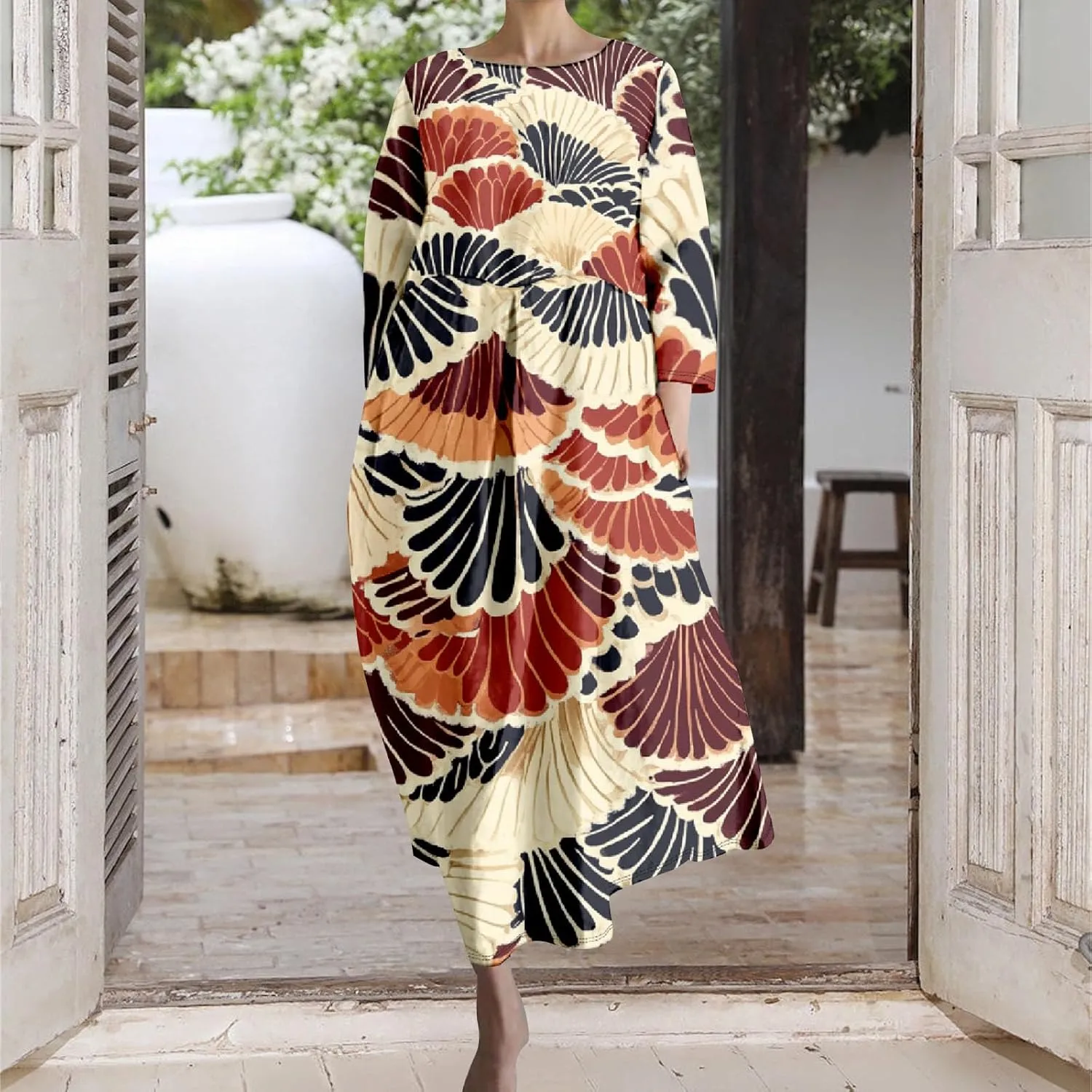 Linen Maxi Dress for Women Vintage Floral Print Plus Size Summer Casual 3/4 Sleeve Dresses with Pockets
