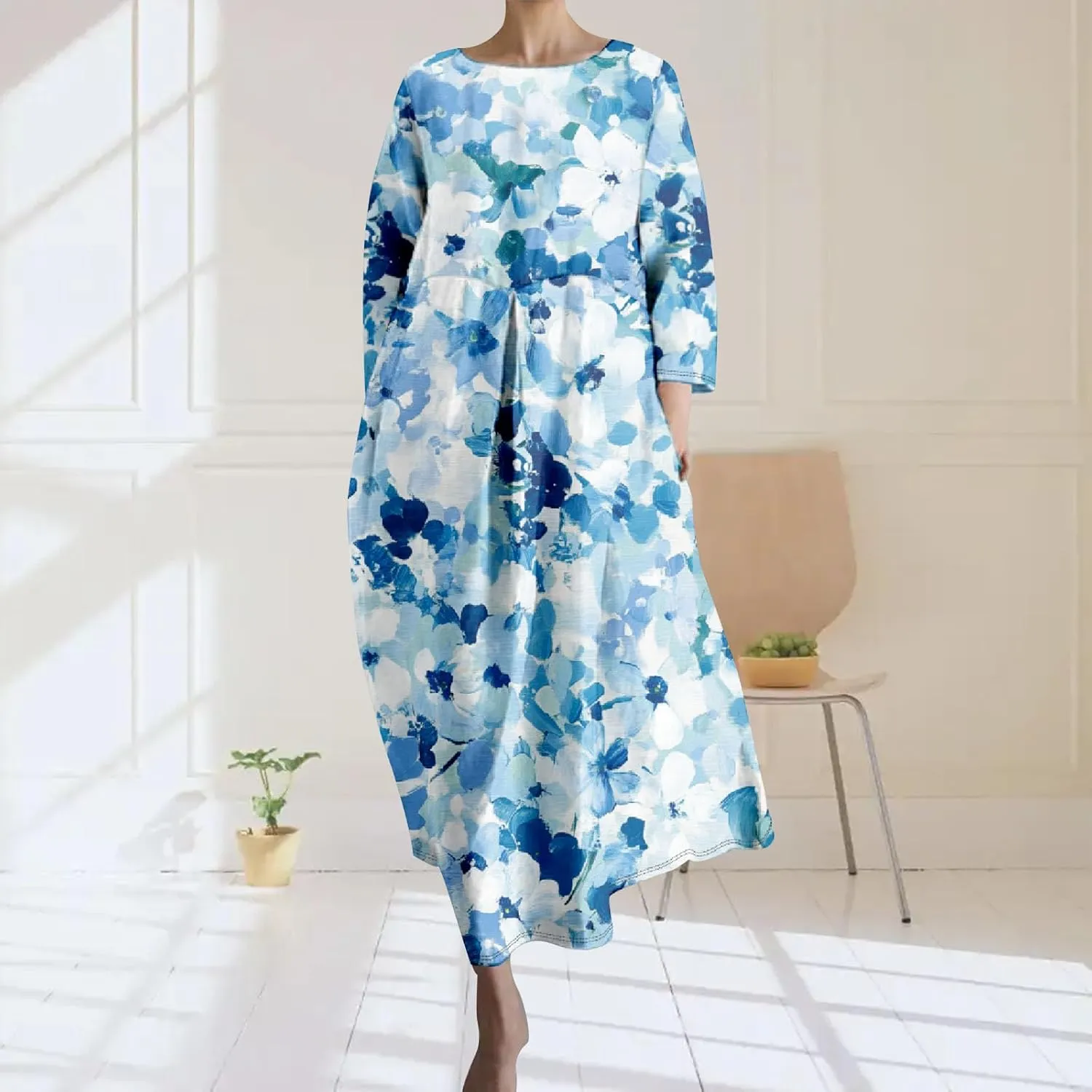 Linen Maxi Dress for Women Vintage Floral Print Plus Size Summer Casual 3/4 Sleeve Dresses with Pockets