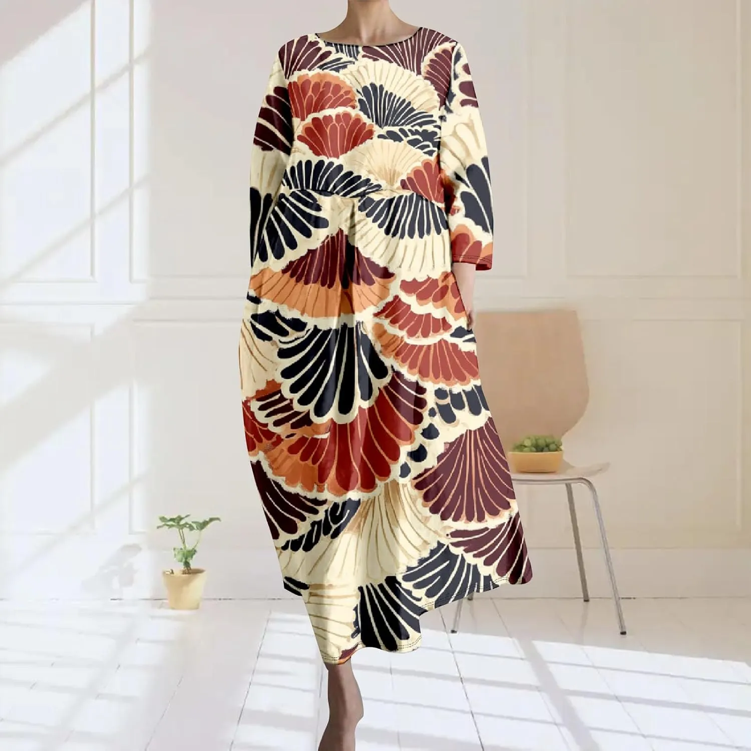 Linen Maxi Dress for Women Vintage Floral Print Plus Size Summer Casual 3/4 Sleeve Dresses with Pockets