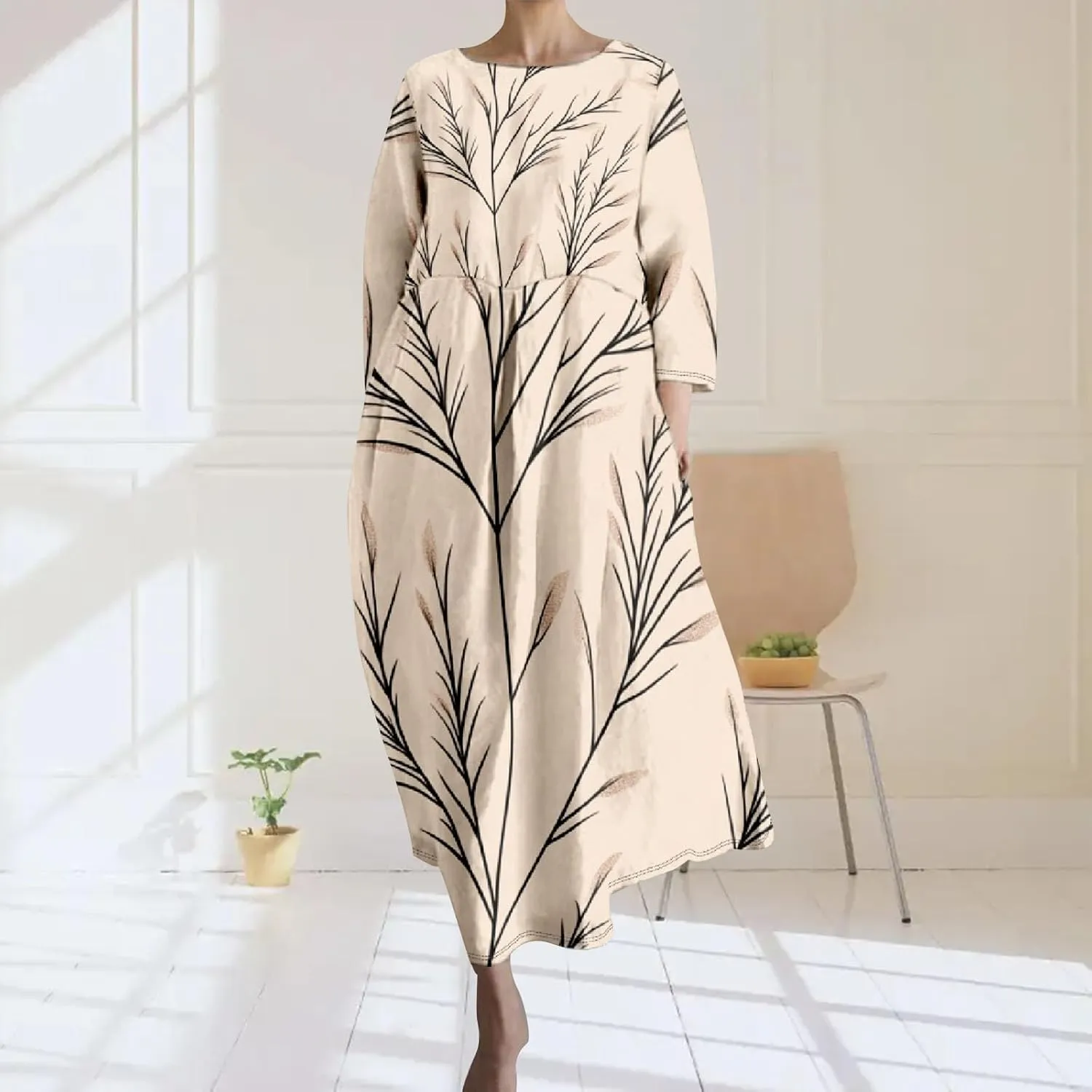 Linen Maxi Dress for Women Vintage Floral Print Plus Size Summer Casual 3/4 Sleeve Dresses with Pockets