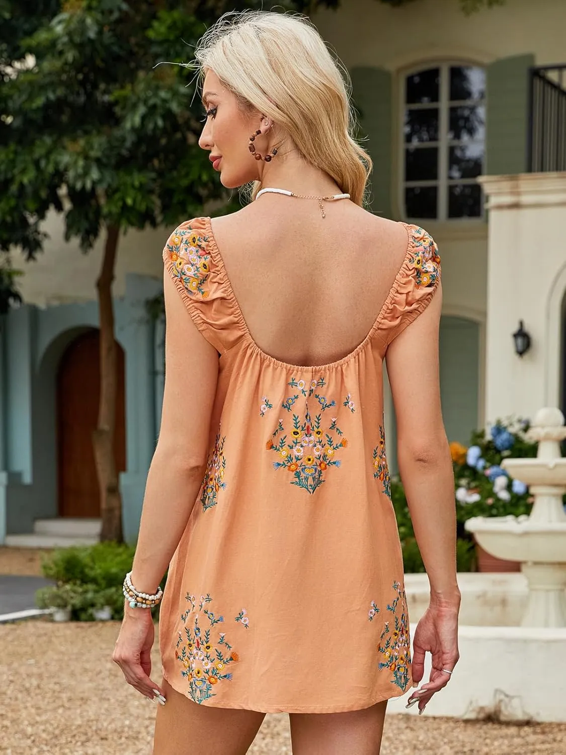 Linen Mini Cute Dress Womens Floral Embroidered Dress with Crew Neck and Sleeveless Casual Guest Vintage Dresses