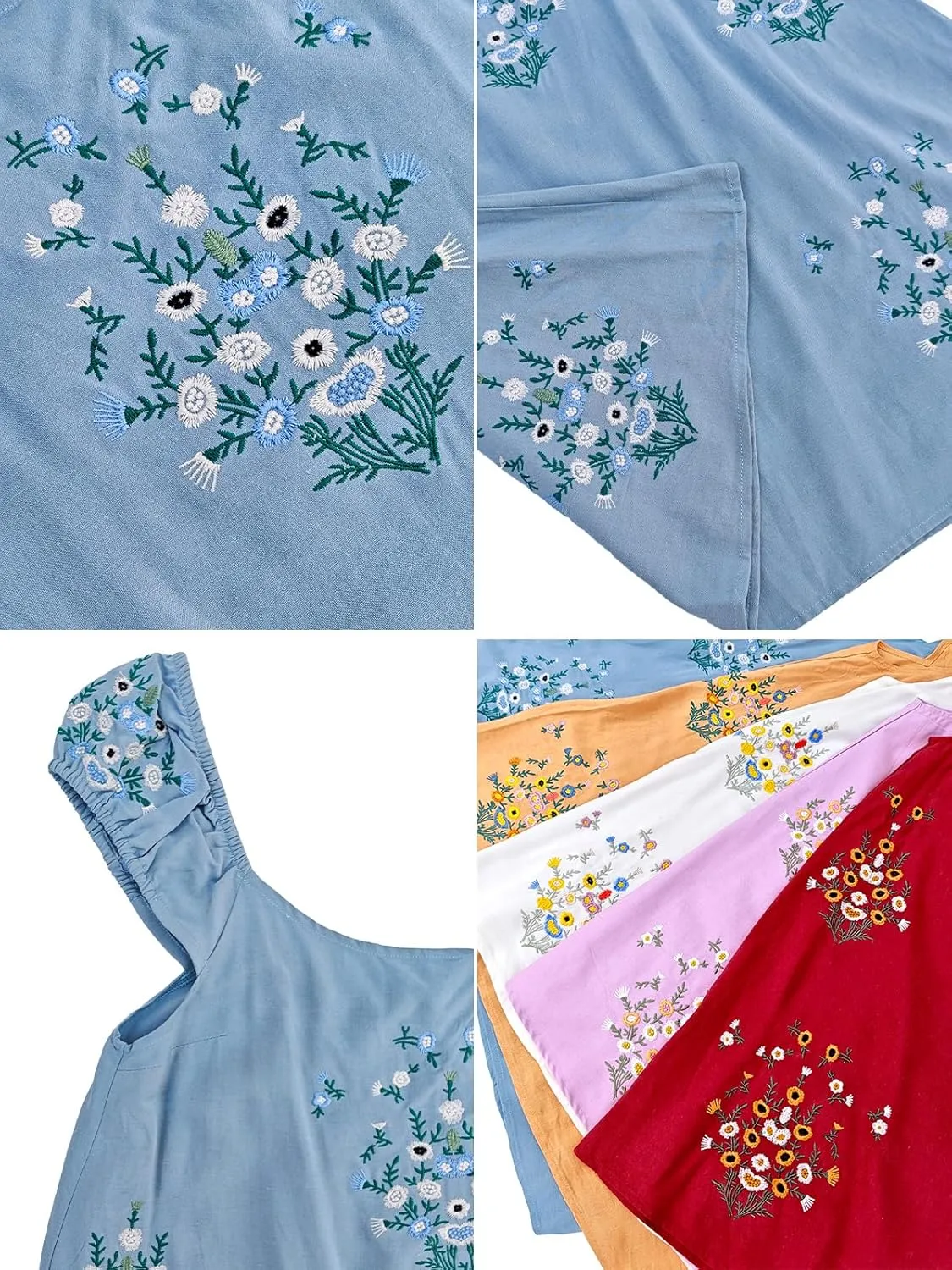 Linen Mini Cute Dress Womens Floral Embroidered Dress with Crew Neck and Sleeveless Casual Guest Vintage Dresses