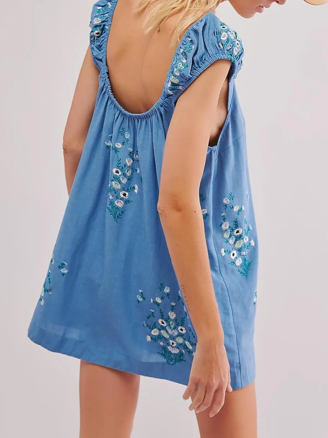 Linen Mini Cute Dress Womens Floral Embroidered Dress with Crew Neck and Sleeveless Casual Guest Vintage Dresses