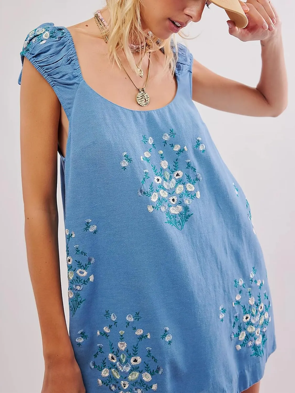 Linen Mini Cute Dress Womens Floral Embroidered Dress with Crew Neck and Sleeveless Casual Guest Vintage Dresses