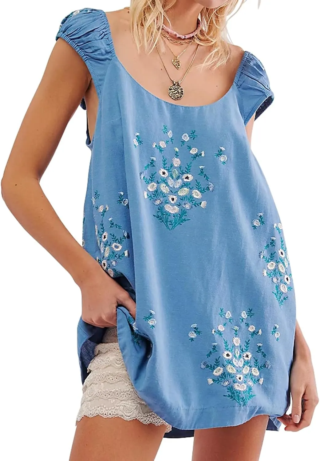 Linen Mini Cute Dress Womens Floral Embroidered Dress with Crew Neck and Sleeveless Casual Guest Vintage Dresses