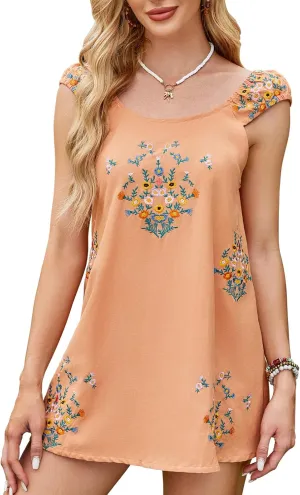 Linen Mini Cute Dress Womens Floral Embroidered Dress with Crew Neck and Sleeveless Casual Guest Vintage Dresses