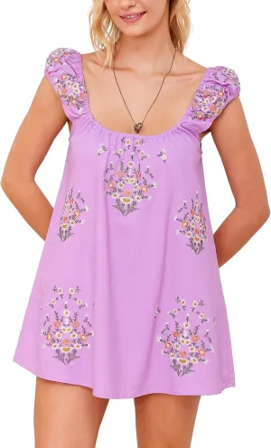 Linen Mini Cute Dress Womens Floral Embroidered Dress with Crew Neck and Sleeveless Casual Guest Vintage Dresses