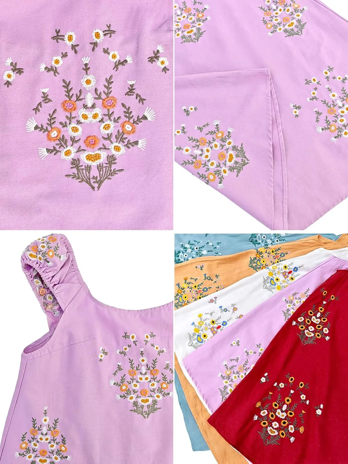 Linen Mini Cute Dress Womens Floral Embroidered Dress with Crew Neck and Sleeveless Casual Guest Vintage Dresses