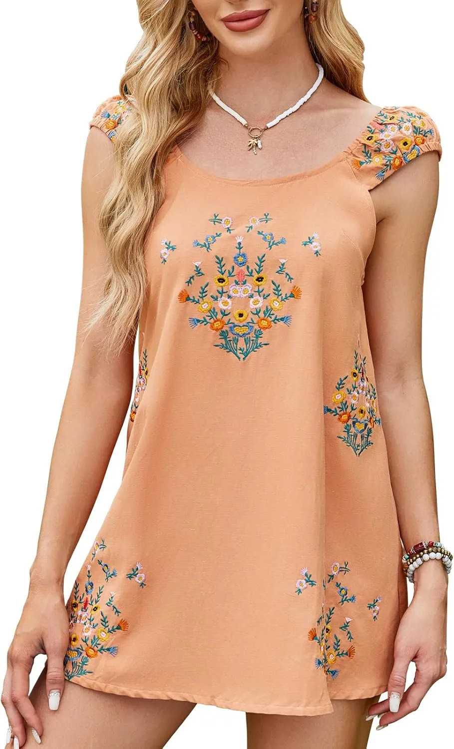 Linen Mini Cute Dress Womens Floral Embroidered Dress with Crew Neck and Sleeveless Casual Guest Vintage Dresses