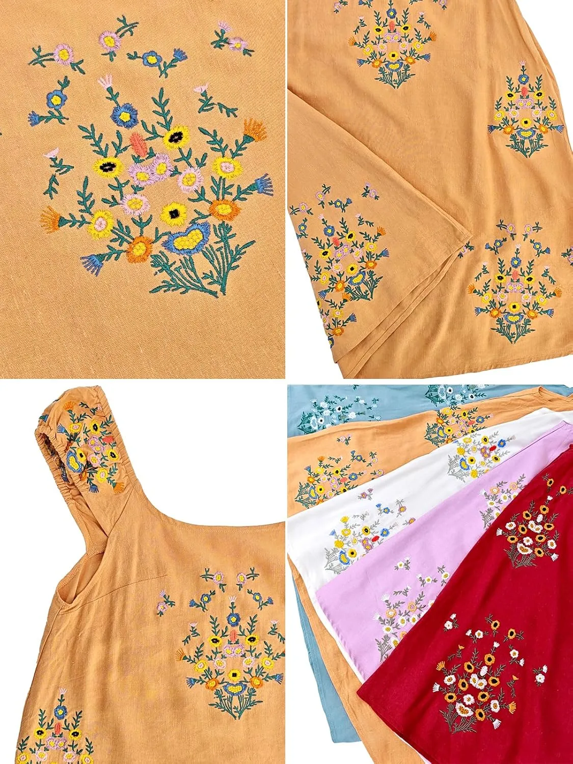 Linen Mini Cute Dress Womens Floral Embroidered Dress with Crew Neck and Sleeveless Casual Guest Vintage Dresses