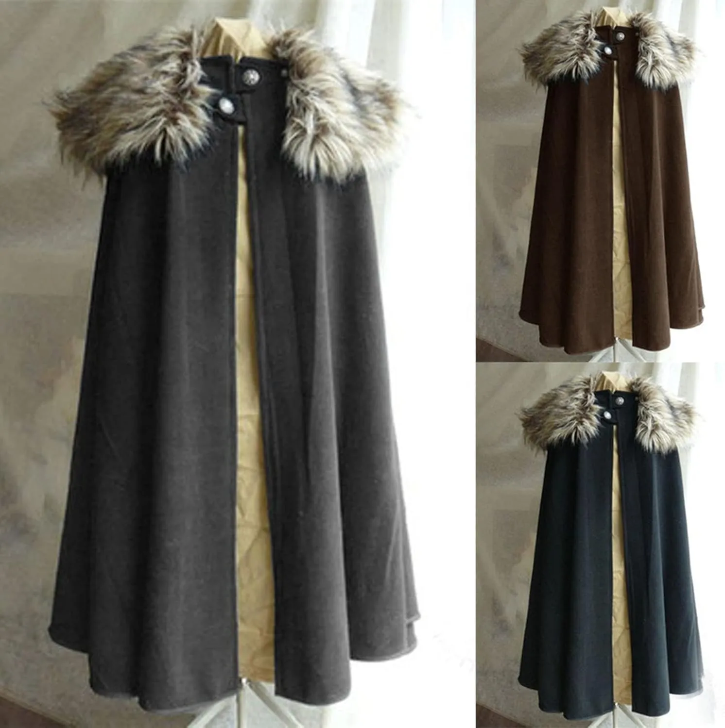 Lmdudan Cloak Coat for Unisex Winter Gothic Wool Faux Fur Collar Cape Cloak Vintage Steampunk Medieval Cosplay Robe Jackets