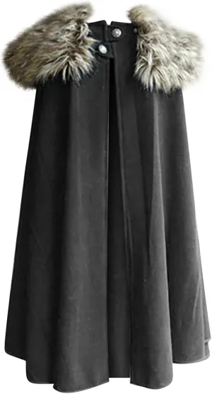 Lmdudan Cloak Coat for Unisex Winter Gothic Wool Faux Fur Collar Cape Cloak Vintage Steampunk Medieval Cosplay Robe Jackets