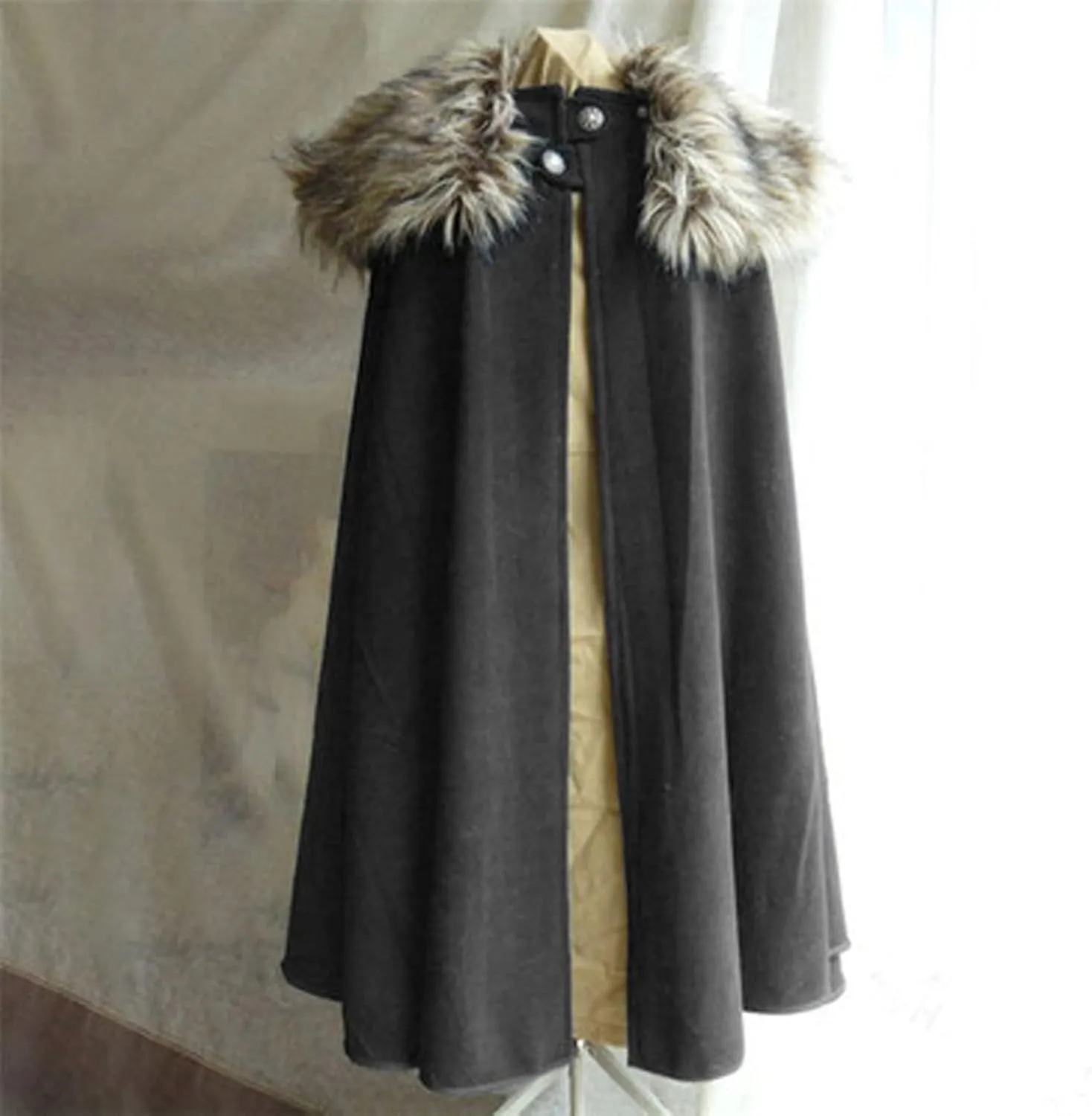 Lmdudan Cloak Coat for Unisex Winter Gothic Wool Faux Fur Collar Cape Cloak Vintage Steampunk Medieval Cosplay Robe Jackets