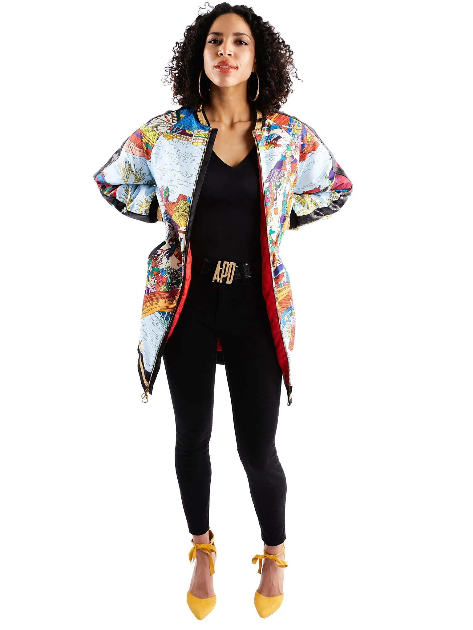 Long Bomber Jacket in Asian Print