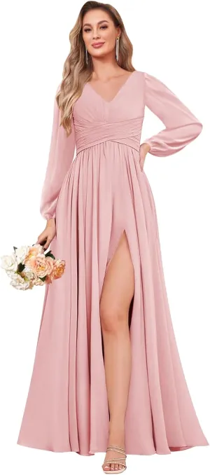 Long Sleeve Bridesmaid Dresses for Wedding A-Line Chiffon Formal Evening Gown with Slit